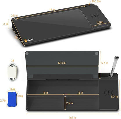 SELEAD Desktop Glass Whiteboard with Wireless Charger Station, Dry Erase Board Computer Pad Keyboard Stand with Organizer Drawer for Home, School, Office Desk Accessories, Black