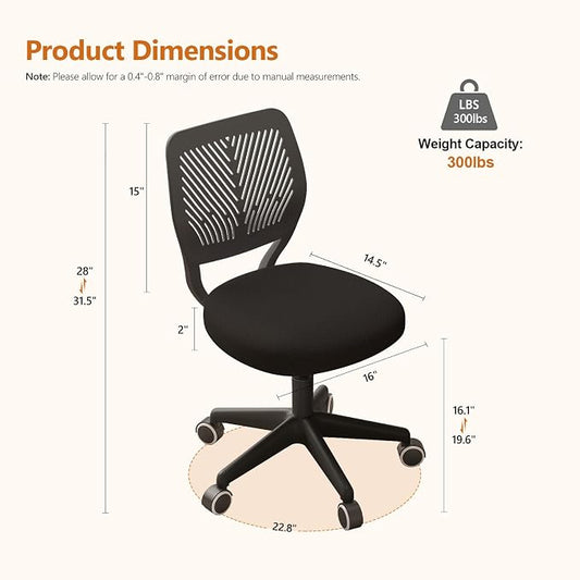 Armless Desk Chair Swivel Office Rolling Chair with Soft Padded Cushion, Height Adjustable Small Task Chair, Ergonomic Study Computer Chair for Kids Girls Boys Teens (Black, 4PCS)