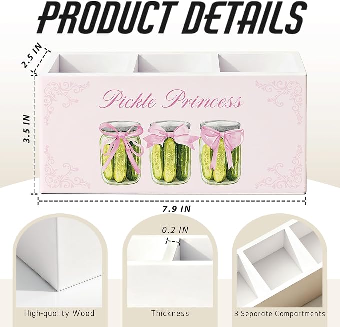 Pink Coquette Bow Pickle Pen Pencil Holder for Desk, Pickle Lovers Gifts for Women, Preppy Pink Girly Wooden Box Sign Decorations for Girls Bedroom Room Dorm Desk Tabletop