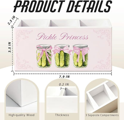 Pink Coquette Bow Pickle Pen Pencil Holder for Desk, Pickle Lovers Gifts for Women, Preppy Pink Girly Wooden Box Sign Decorations for Girls Bedroom Room Dorm Desk Tabletop