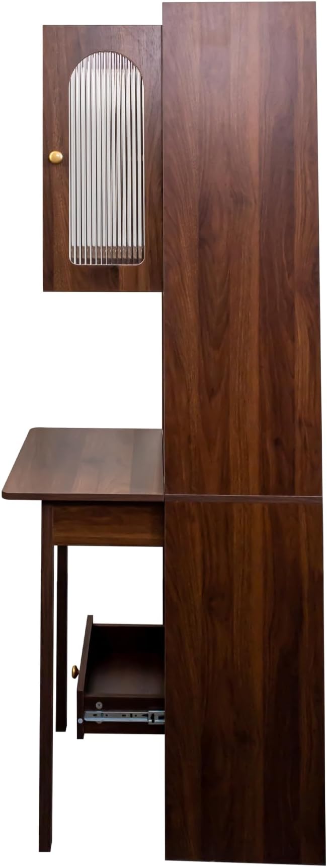 LUMISOL Fold-Out Home Office Desks Writing Table with Glass Doors, Drawers, Bookshelf & Storage Shelves, Modern Wooden Convertible Workstation for Work, Study, Walnut