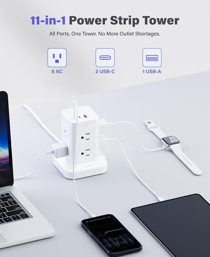 Power Strip Tower with Surge Protector 1800J, Fast Charging Tower PD20W USB-C Ports with 8 AC Outlets, 10ft Extension Cord for Home Office Dorm Room, White
