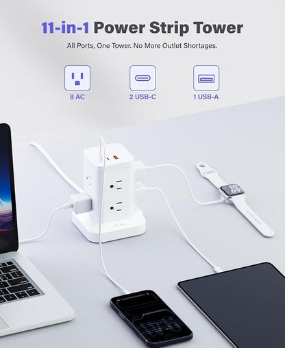 Power Strip Tower with Surge Protector 1800J, Fast Charging Tower PD20W USB-C Ports with 8 AC Outlets, 10ft Extension Cord for Home Office Dorm Room, White