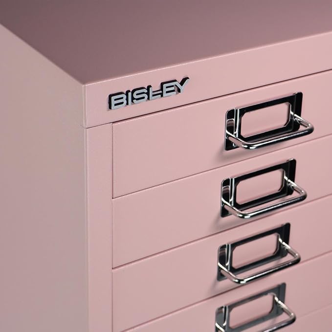 Bisley 10-Drawer Steel MultiDrawer Cabinet - Palest Pink | Chrome Pull Handles with Label Holders, Powder-Coated Steel, Removable Drawers, Fits Under Most Desks, Labels Included