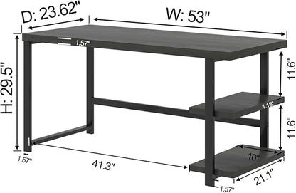 EXCEFUR Black Desk, Modern Computer Desk for Home Office, Metal Wood Writing Study Table Workstation with Storage Shelf for Living Room, Bedroom, 53 Inch