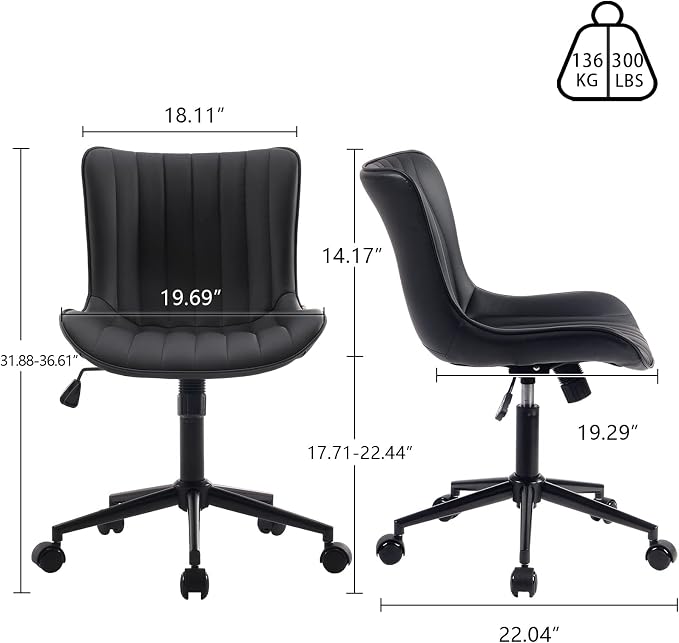 YOUNIKE Black Office Desk Chair with Wheels Comfy Armless Small Vanity Chair with Adjustable Rocking Back Modern Leather Upholstered Rolling Task Computer Chair Cute Swivel Drafting Chair Compact