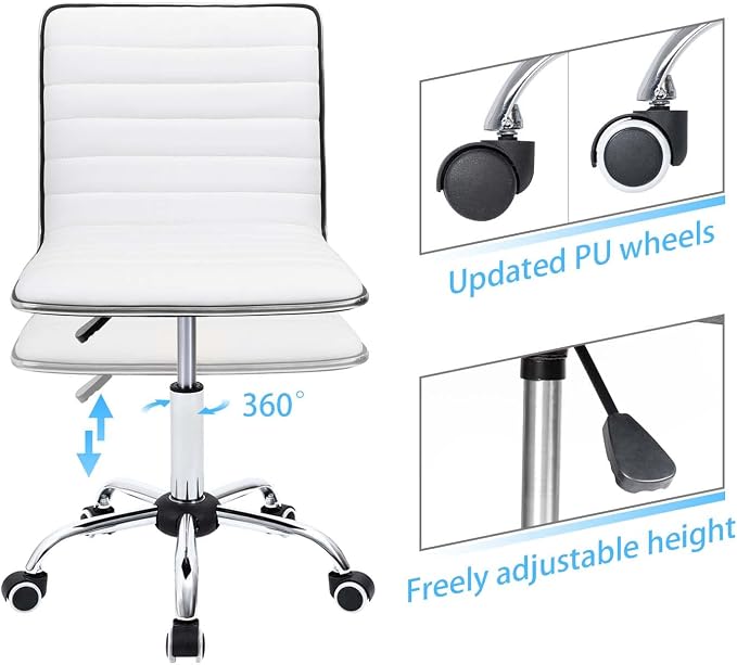 Furmax Vanity Office Desk Chair with Wheels, Armless Small Cute Leather Makeup Computer Task Chair Adjustable Height 360° Swivel (White)