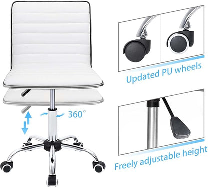 Furmax Vanity Office Desk Chair with Wheels, Armless Small Cute Leather Makeup Computer Task Chair Adjustable Height 360° Swivel (White)