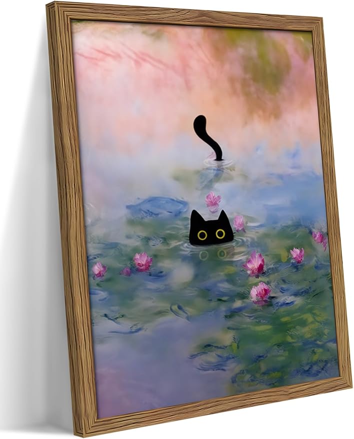 Vintage Framed Cat Canvas Wall Art Monet Print, Funny Black Cat in Water Lilies Poster, Monet Office Wall Decor, Floral Oil Painting Picture Artwork for Living Room Bathroom Aesthetic – 8x10 inch