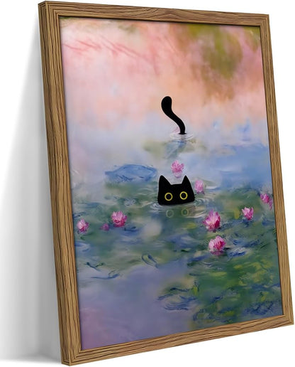 Vintage Framed Cat Canvas Wall Art Monet Print, Funny Black Cat in Water Lilies Poster, Monet Office Wall Decor, Floral Oil Painting Picture Artwork for Living Room Bathroom Aesthetic – 8x10 inch