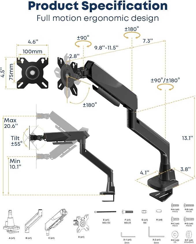 Ultrawide Monitor Arm - fits 17-49 inch Heavy Duty Flat/Curved Monitors, Full Motion Adjustable Gas Spring Arm Holds 35.2 lbs with Clamp & Grommet Desk Mount, VESA 75/100mm, Black