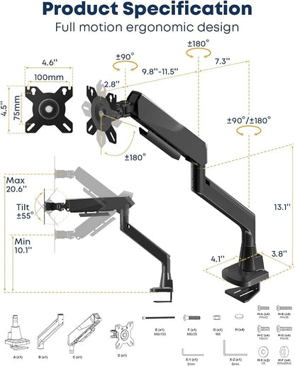 Ultrawide Monitor Arm - fits 17-49 inch Heavy Duty Flat/Curved Monitors, Full Motion Adjustable Gas Spring Arm Holds 35.2 lbs with Clamp & Grommet Desk Mount, VESA 75/100mm, Black