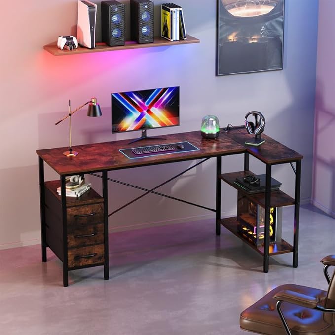 Simple Deluxe L Shaped Gaming Desk with Power Outlets, 55 Inch Computer Desk with 3 Drawers, Shelves, Corner Computer Desk for Gaming, Corner Work, Home Office, Study, Rustic Brown