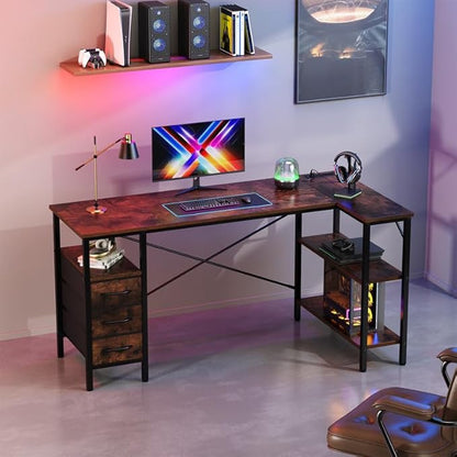 Simple Deluxe L Shaped Gaming Desk with Power Outlets, 55 Inch Computer Desk with 3 Drawers, Shelves, Corner Computer Desk for Gaming, Corner Work, Home Office, Study, Rustic Brown