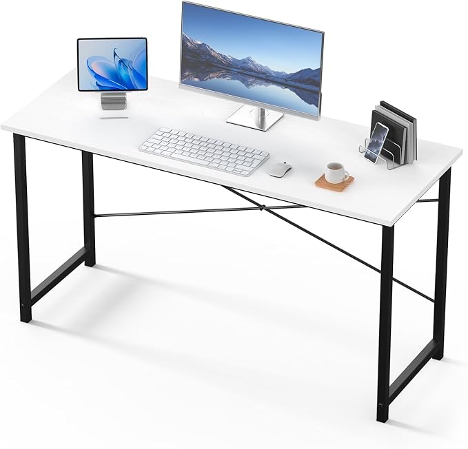 Sweetcrispy Computer Office Desk 55 Inch Student Study Writing Work with Metal Frame Wood Tabletop Modern Simple PC Home Bedroom Table, Compact Sturdy Desk for Laptop, Study, Gaming, White