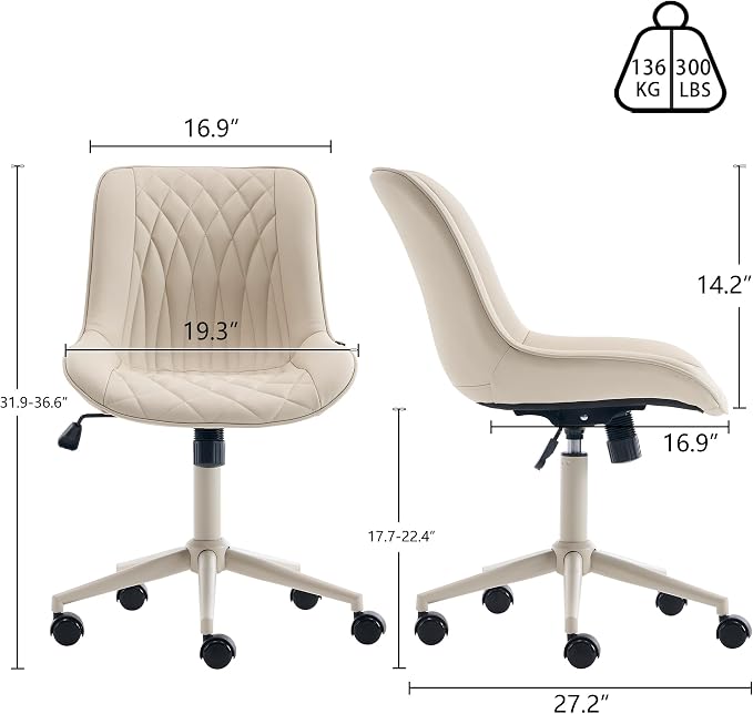YOUNIKE Cream Faux Leather Ergonomic Office Chair Armless Comfy Desk Chair with Rocking Back Cute Swivel Vanity Chair with Wheels Height Adjustable Small Computer Task Chair for Sewing Drafting