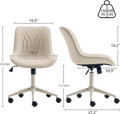 YOUNIKE Cream Faux Leather Ergonomic Office Chair Armless Comfy Desk Chair with Rocking Back Cute Swivel Vanity Chair with Wheels Height Adjustable Small Computer Task Chair for Sewing Drafting