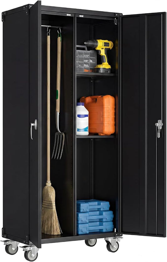 DUMOS 72" Metal Garage Storage Cabinet with Wheels, Tall Rolling Steel Tool Organizer with Adjustable Shelves and Locking Doors, Lockable File Cabinet for Garage, Home, Office, Warehouse, Black