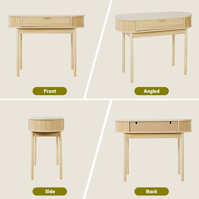Fluted Small Computer Desk with Drawer, 40 Inch Mid-Century Modern Writing Desk with Solid Wood Legs,Compact Study Table for Small Spaces, Home Office, Bedroom,Natural