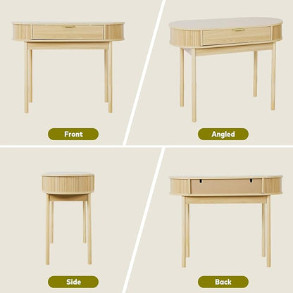Fluted Small Computer Desk with Drawer, 40 Inch Mid-Century Modern Writing Desk with Solid Wood Legs,Compact Study Table for Small Spaces, Home Office, Bedroom,Natural