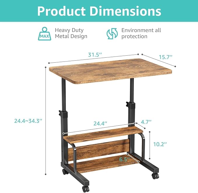 WINAZ C Shaped Rolling Laptop Desk - 32" Rustic Brown Mobile Portable Small Desk with Wheels for Small Spaces, Height Adjustable Overbed Table with 2-Tier Storage Shelves