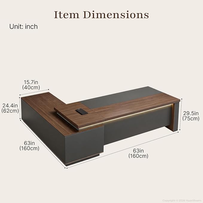 63" Reversible L-Shaped Executive Desk with Locking Drawers, Compact Office Desk for Home & Manager Office, Power Outlet, USB Ports, Storage Shelves, Privacy Panel & LED Light, Walnut Gray