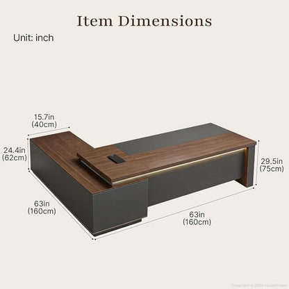 63" Reversible L-Shaped Executive Desk with Locking Drawers, Compact Office Desk for Home & Manager Office, Power Outlet, USB Ports, Storage Shelves, Privacy Panel & LED Light, Walnut Gray