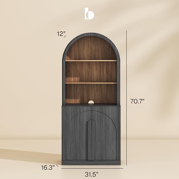 BELLEZE Set of 2 71"Tall Storage Cabinet with Arched Hutch, Wooden Sideboard Buffet Cabinet with Adjustable Shelves for Pantry Organizing, 5-Tier Modern Storage Unit for Living Room Home Office, Ebony