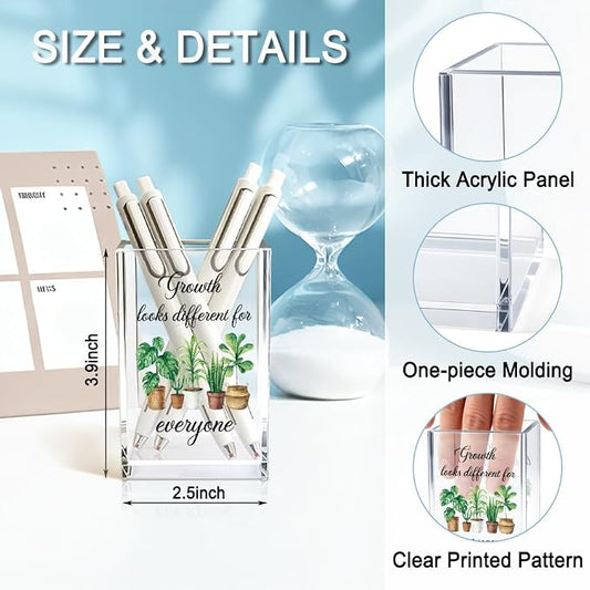 Growth Looks Different for Everyone Acrylic Cosmetic Pencil Holder Cup, Funny Plant Pen Holder for Women Teacher, Home Office Classroom Desk Accessories, Inspirational Gifts for Coworker Friend
