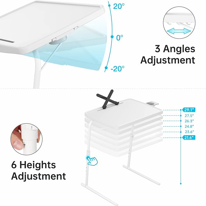 Allpop X TV Tray Table, TV Dinner Tray for Eating, Large Adjustable Folding Laptop Table with Book Stand, Cup Holder & Tablet Slot on Couch & Bed with 6 Heights & 3 Tilt Angles, White
