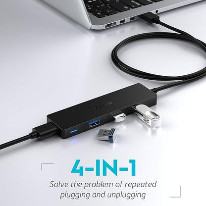 Aceele USB Hub 3.0 Splitter with 4ft Extension Long Cable Cord, 4-Port Ultra-Slim Multiport Expander for Desktop Computer PC, Laptop, Chromebook, Mac mini, iMac, PS4, Flash Drive Data and More