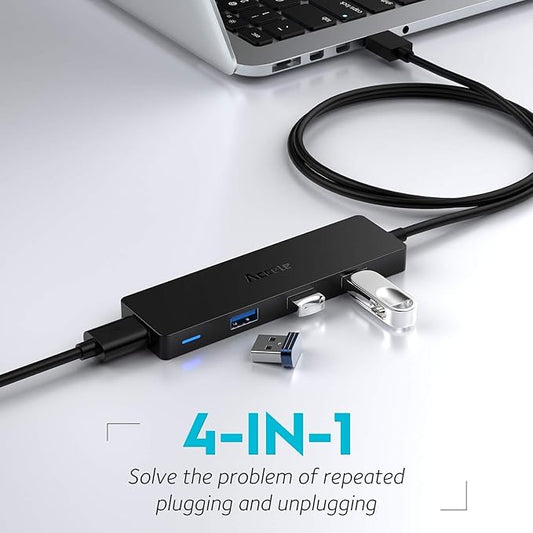 Aceele USB Hub 3.0 Splitter with 4ft Extension Long Cable Cord, 4-Port Ultra-Slim Multiport Expander for Desktop Computer PC, Laptop, Chromebook, Mac mini, iMac, PS4, Flash Drive Data and More