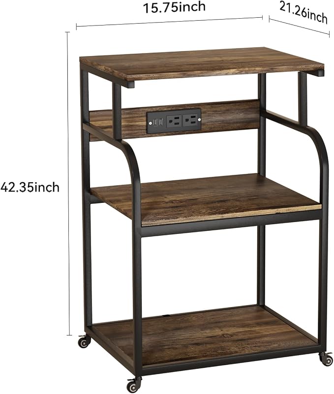 Large Printer Stand with 3-Tier Wood Storage Shelves with Power Outlet - Multi-Purpose Desk Organizer for Printer Scanner Fax Home Office Use with Wheels (Rustic Brown)