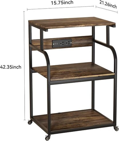 Large Printer Stand with 3-Tier Wood Storage Shelves with Power Outlet - Multi-Purpose Desk Organizer for Printer Scanner Fax Home Office Use with Wheels (Rustic Brown)