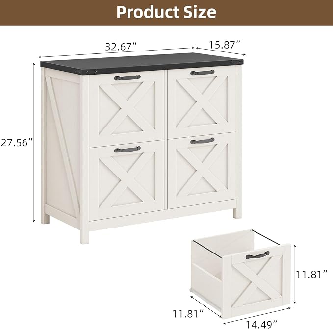Halitaa Lateral File Cabinet with 4 Drawers, Farmhouse File Cabinet for Letter/A4 Size Hanging Files, Large Wood File Storage Cabinets Printer Stand for Home Office Cabinets, Rustic White and Black