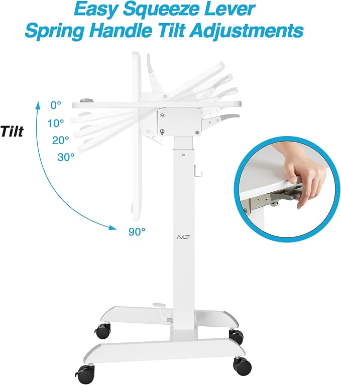 AVLT 47" Height Adjustable Mobile Workstation with Tilting Desk - White | 3 ft 11 inches - Foot Pedal Pneumatic Standing Desk Cart - Mobile Laptop Cart - Mobile Cart with Brake Casters