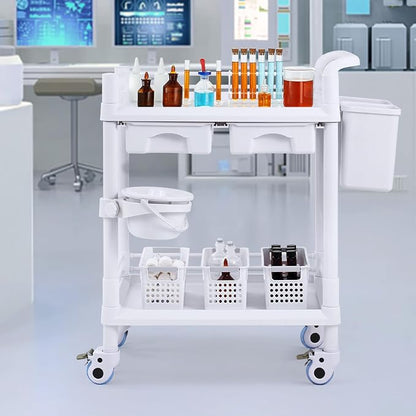 VEVOR Medical Mobile Trolley Cart with 2 Drawers & 3 Trash Cans, 2 Tiers Beauty Salon Rolling Trolley with 4 Silent Wheels & 2 Dirts Bucket & Bowl, Medical Utility Cart for Hospital Dental Clinic Lab
