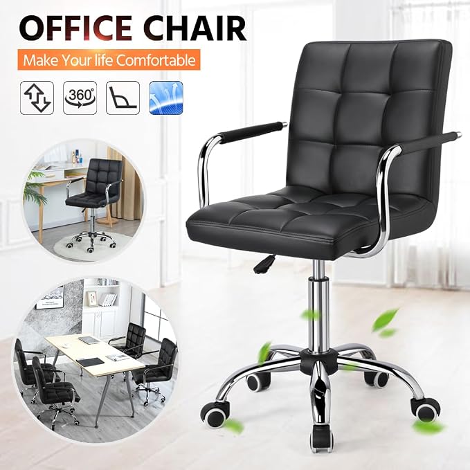 Topeakmart Home Office Chair Height Adjustable Desk Chair Mid Back PU Leather with 360° Swivel Large Seat with Wheels Black