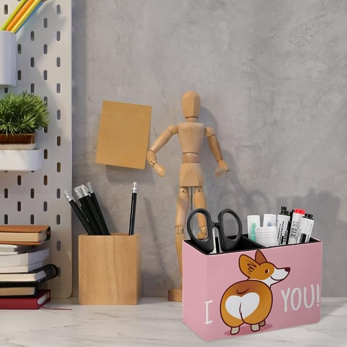 Niapessel Pencil Holder for Desk, Cute Corgi Dog Pen Holder Storage Desktop Pen Organizer Desk Pencil Organizer Makeup Brush Holder for Office School College Leather