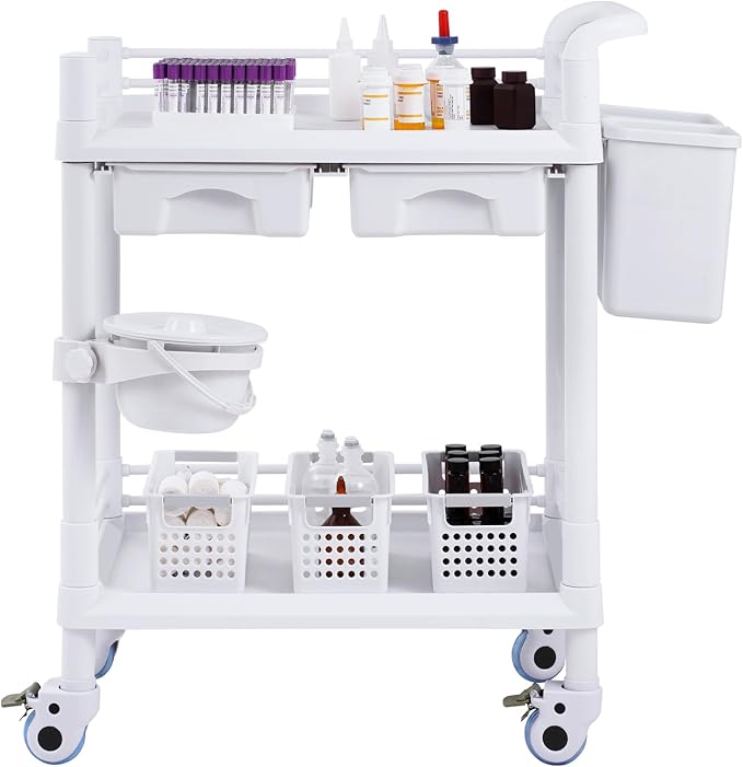 VEVOR Medical Mobile Trolley Cart with 2 Drawers & 3 Trash Cans, 2 Tiers Beauty Salon Rolling Trolley with 4 Silent Wheels & 2 Dirts Bucket & Bowl, Medical Utility Cart for Hospital Dental Clinic Lab
