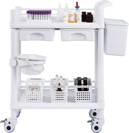 VEVOR Medical Mobile Trolley Cart with 2 Drawers & 3 Trash Cans, 2 Tiers Beauty Salon Rolling Trolley with 4 Silent Wheels & 2 Dirts Bucket & Bowl, Medical Utility Cart for Hospital Dental Clinic Lab
