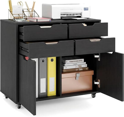 Black File Cabinet with 4 Drawers and 2 Doors, Under Desk Mobile Storage Organizer, Wooden Printer Stand on Wheels, 29" Lateral Filing Cabinet for Home Office Living Room (Black, 4 Drawer & 2 Door)