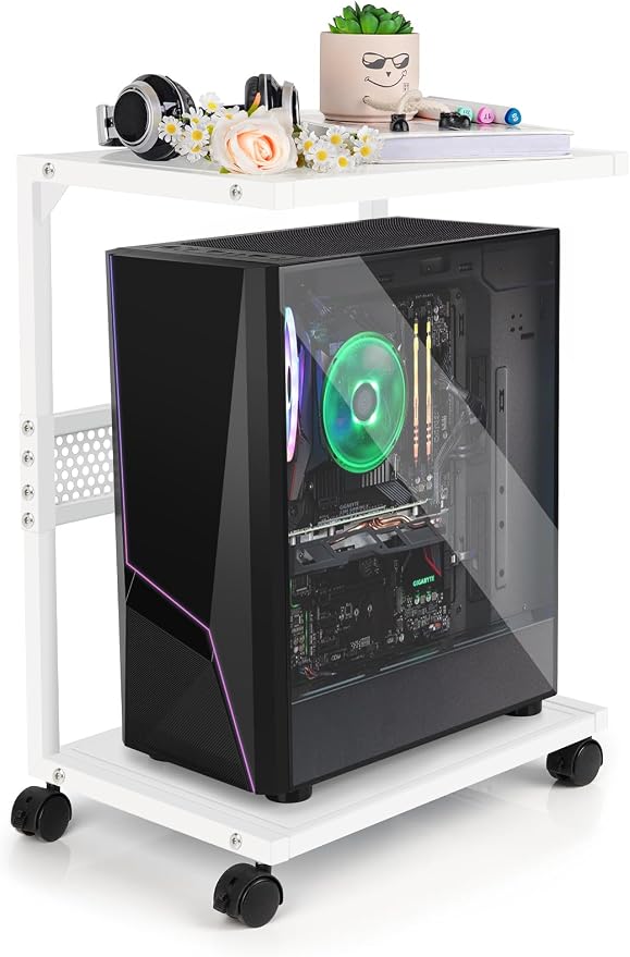 Bfttlity PC Stand Computer Tower Stand 2-Tier Metal CPU Holder with Locking Caster Wheels Suitable for Most PC (S, White)