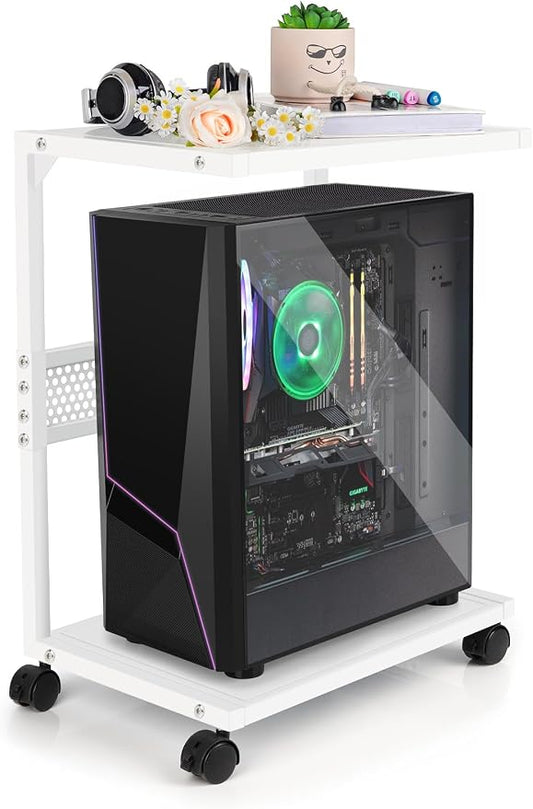 Bfttlity PC Stand Computer Tower Stand 2-Tier Metal CPU Holder with Locking Caster Wheels Suitable for Most PC (S, White)