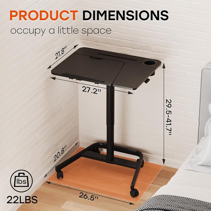 JOY worker Mobile Standing Desk, Height Adjustable Table, 60° Tiltable Rolling Laptop Desk, Portable Sit Stand Desk with Wheels Cup Holder for Bed Couch Hospital, Holds Up to 22lbs, Black