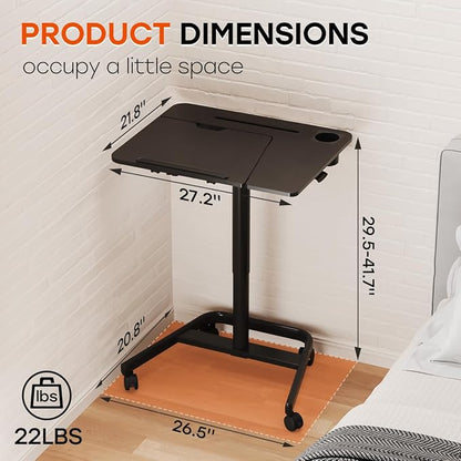 JOY worker Mobile Standing Desk, Height Adjustable Table, 60° Tiltable Rolling Laptop Desk, Portable Sit Stand Desk with Wheels Cup Holder for Bed Couch Hospital, Holds Up to 22lbs, Black