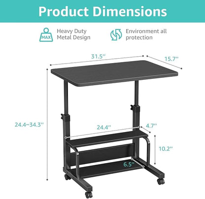 WINAZ Small Portable Rolling Kids Desk - 32" Mobile Laptop Desk with Wheels for Small Spaces, Height Adjustable C Shaped Side Table with 2-Tier Storage Shelves, Black