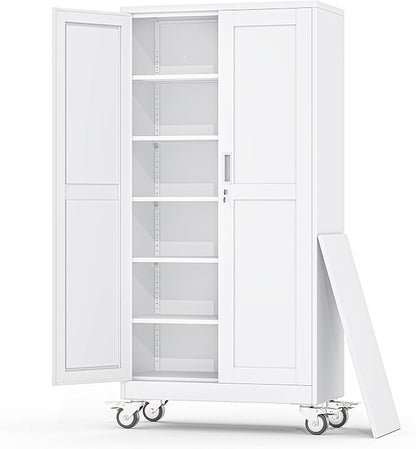 Metal Garage Storage Cabinets and storage system, 74”Tall Rolling utility cabinet with Wheels, Lock, 5 Adjustable Shelves, Heavy Duty Steel Tool Locker for Home Office, Utility Room, Gym,White