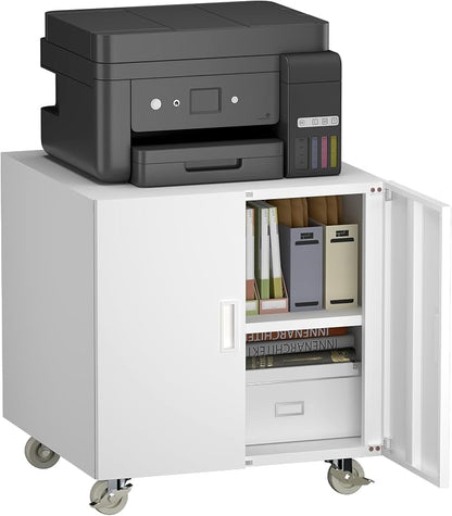 Metal Printer Stand, Rolling Table for Printers, Large Printers Table with Storage, Office Printer Stand for Copier, Fax, Heavy Duty Stands with Shelf for School, Workplace, White