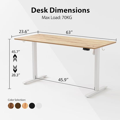 Agilestic Electric Standing Desk, 63 x 24 Inches Height Adjustable Desk, Sit Stand up for Work Office Home, Ergonomic Rising Computer Table with Memory Preset, Light Rustic Brown